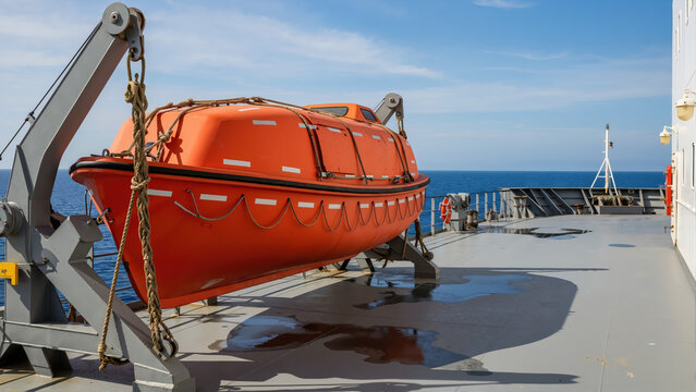 Bright orange enclosed lifeboat suspended on the deck of a ship. Maritime safety and emergency rescue equipment at sea