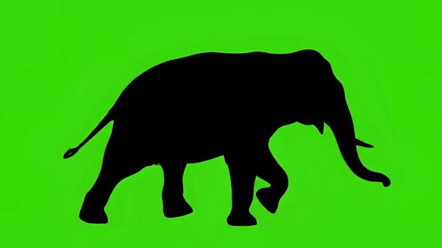Silhouette of an elephant walking on a bright green background.