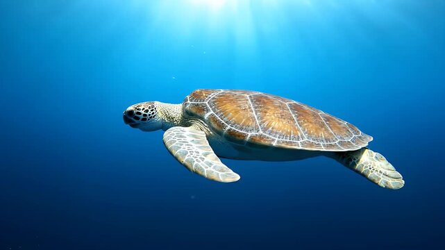 Green sea turtle swimming in the deep blue ocean water with bright sun rays of light