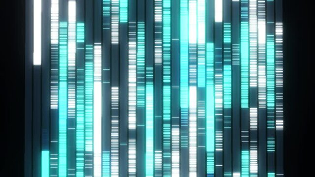 High quality 4K seamless loop featuring a 3D landscape of undulating cyber ribbons. Dark metallic tracks wave organically while glowing neon data packets stream continuously along them