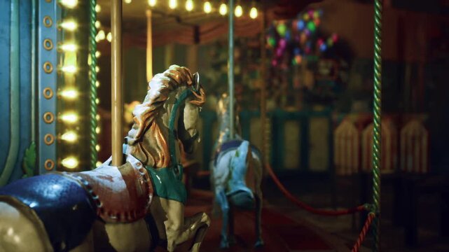 Ornate carousel horse closeup with vintage paint chips and gilded accents, shallow focus revealing craftsmanship and worn textures evocative fairground relic