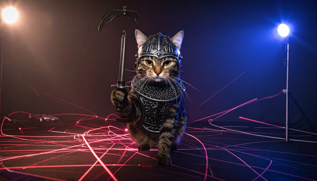 Brave cat knight in full armor wielding a tiny sword, ready to battle a laser pointer with epic determination