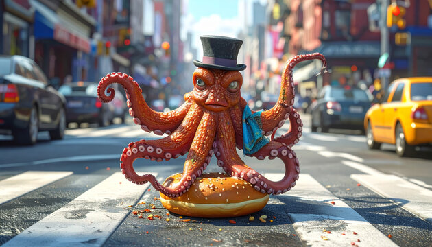 A Whimsical Octopus in a Top Hat and Monocle Directing Traffic on a City Street