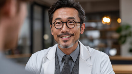 Obraz premium Smiling asian male doctor portrait in clinic interior, white coat, glasses, tie, front view