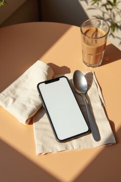 Tel&eacute;fono con pantalla en blanco sobre la mesa de un caf&eacute;