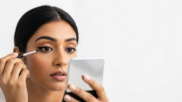 South Asian woman applying black eyeliner with a brush. Close up of a young woman doing makeup with a handheld mirror. Beauty and cosmetics application concept