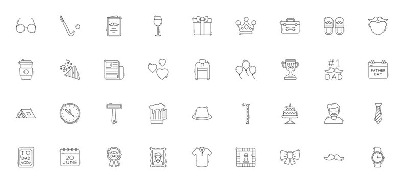 Fathers Day icon set. Minimalist vector collection. Includes symbols for glasses, golf, greeting card, wine, gift, crown, tool box, slippers, beard, coffee, celebration and more. Editable vector strok