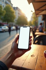 Una mano sostiene un teléfono con la pantalla en blanco, se ve la terraza de una cafetería al aire libre, el borde de una mesa de madera y, al fondo, la vida en la calle queda borrosa © Leonardo
