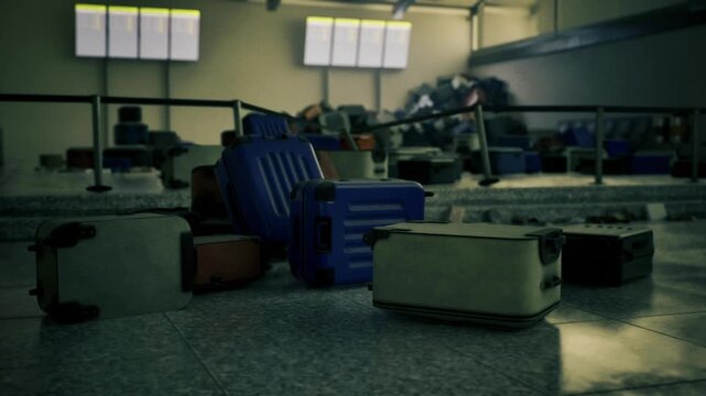 empty terminal seats facing luggage cluster beyond, foreground row of chairs in sharp focus, blurred suitcases in middle ground, sterile lighting and suspended