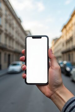 Mano sosteniendo un tel&eacute;fono inteligente con pantalla blanca en blanco, calle de la ciudad al aire libre