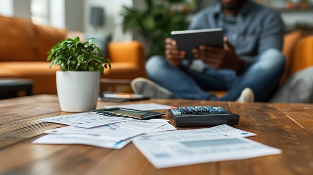 Man managing finances at home, reviewing bills and using tablet