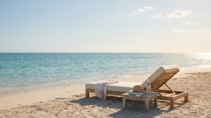 Fototapeta premium Beach lounge chair on sandy shore with ocean view in sunlight 