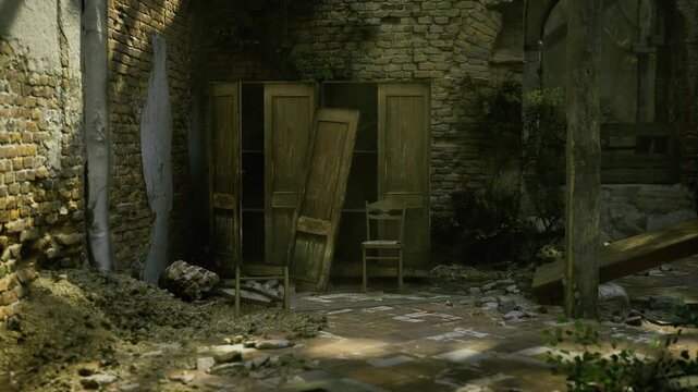 waterstained floor with reflective puddles catching low sunlight, scattered stones and damp patches, sheen highlights textures of brick and plaster, atmosphere