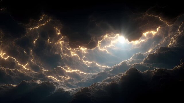 Fantasy wallpaper. A dramatic depiction of a lightning storm. The sky is filled with swirling clouds, each illuminated by a bright, radiant light source. The clouds are a mix of dark and light shades.