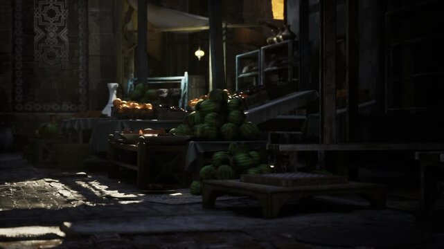 muted spice stall under warm lamps, sacks and baskets arranged on low tables, aromatic suggestion through textures, patterned wall panels, intimate cinematic