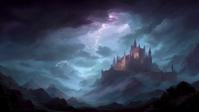 Fantasy wallpaper. A vivid portrayal of a majestic castle perched atop a rugged mountain range, bathed in a dramatic stormy sky. The castle, intricately designed with pointed spires and turrets.