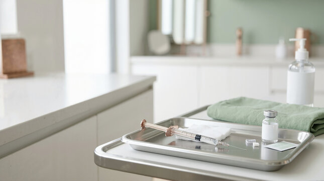 Cosmetic syringe and medical vial on a sterile metal tray. Professional dermatology treatment in a modern clinic. Healthcare and aesthetic medicine concept