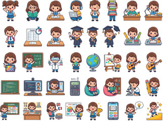 40 Flat Cartoon Education Icons, School and Learning Vector Graphics, Teacher and Student Illustrations, Classroom Activities © JimTheJellyfish