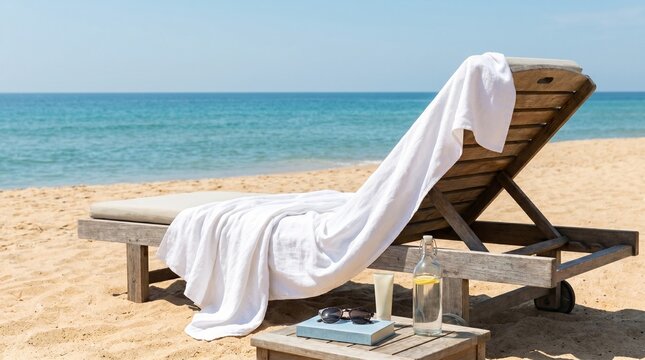 Sun lounger with white towel and refreshments on beachside  