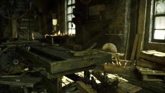 Craftsman workshop scene. Vintage workshop with handcrafted tools and lumber. Oldfashioned work area featuring hand tools and wooden building materials