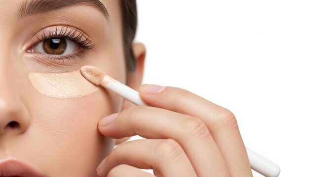 Applying concealer on under-eye area for flawless makeup look. Makeup application includes using brush to blend foundation seamlessly for natural radiance.