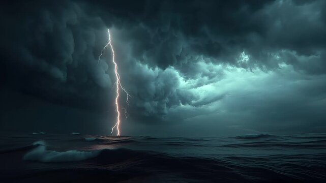 Fantasy wallpaper. A dramatic depiction of a stormy sky over a vast expanse of water. The sky is filled with dark, stormy clouds, with streaks of lightning striking through them.