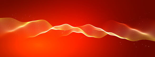 Abstract Wave Energy Digital Data Flow Red Golden Light Lines Futuristic Technology Background Dynamic Motion Glow Spectrum Banner Vector Illustration © artyway