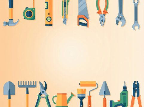 Horizontal gardening tools border background with shovel rake and watering can for workshop poster banner and spring design