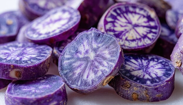 Sliced purple potatoes displaying vibrant purple flesh and textured surfaces