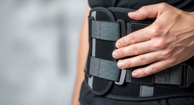 Supportive back brace worn by individual with hand resting on it. Back brace features adjustable straps for a secure fit and comfort. Concept of health, recovery, and support for active lifestyle.
