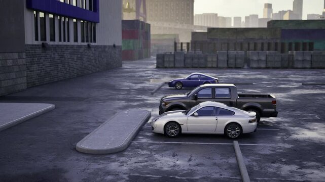 Four cars lined on concrete curb at blue hour, warehouse walls, distant skyline, wet tarmac with puddles, light reflections, urban solitude, crisp perspective,