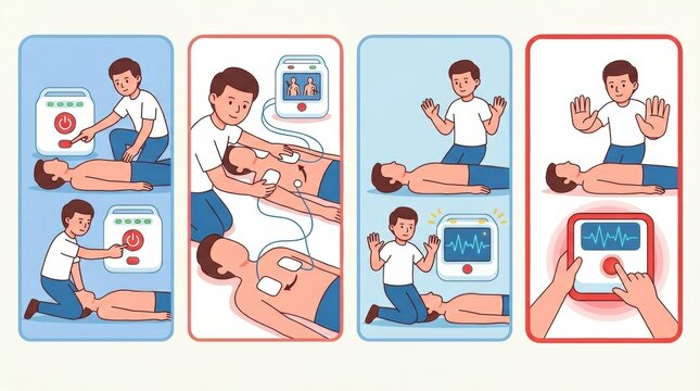 A sequence shows steps for using a defibrillator during a workplace emergency response to help someone who is unresponsive.