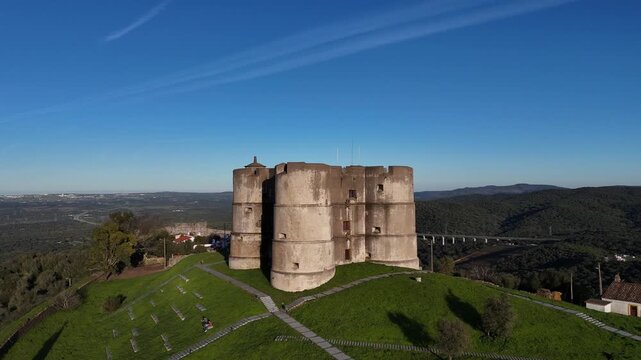 Smooth Drone Orbit and Pullback from Evoramonte Castle at Sunset