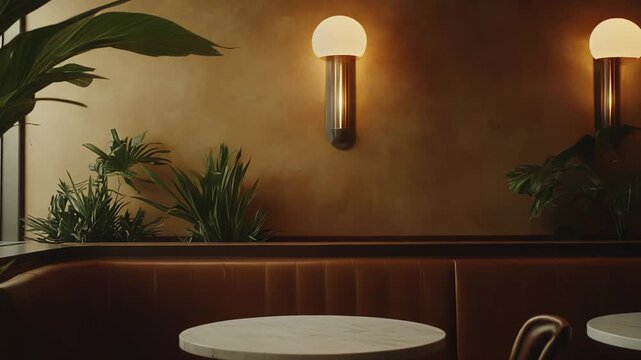 Restaurant interior with cozy booth seating, round marble tables and contemporary wall sconces casting warm light over elegant, minimalist lounge style dining space