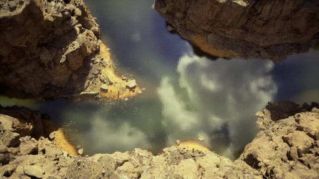 Aerial reflective pool within vermilion cliffs, soft light, textured sandstone edges, green water, deep shadowed pockets, tranquil mood, isolated canyon vista,