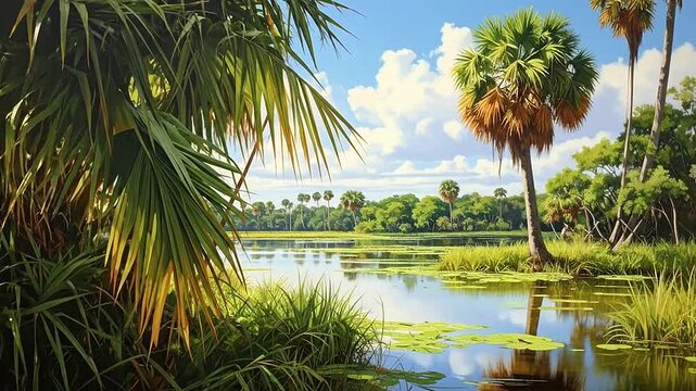 A peaceful tropical swamp landscape features lush palm trees and calm water reflections