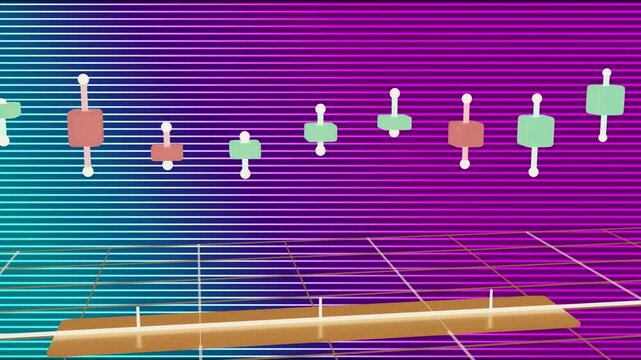 View stabilizing, candlestick tokens floating in from left, forming neon row above golden beam