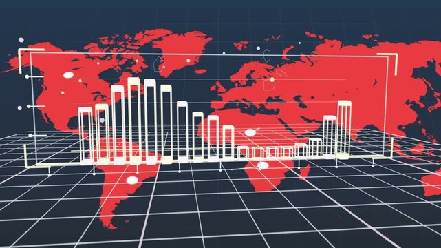 3D chart sliding in from left over red map building bars and nodes representing global trends
