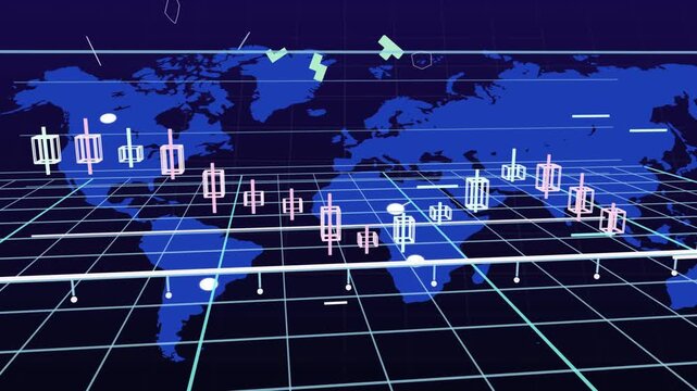 Ribbon initiating 3D data viz, grid rising, candles appearing, nodes linking, showing market trends