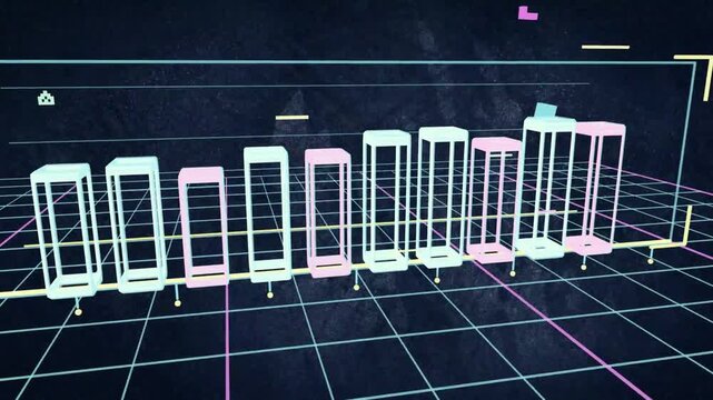 Left baseline spawning columns rising right, camera rotating, tile landing highlighting trend
