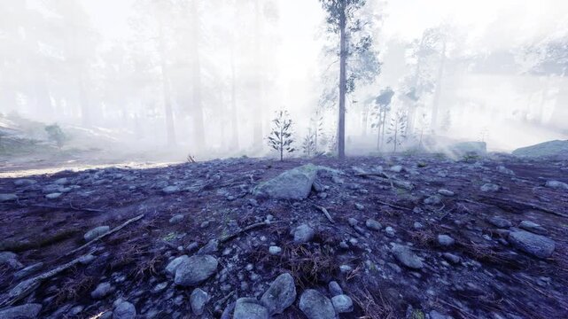 Foggy forest trail foreground with scattered stones, thin saplings, soft directional light piercing canopy, cinematic depth suitable for travel and mindfulness