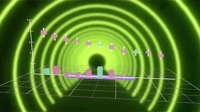 Neon-green rings entering tunnel, grid emerging, cuboid bars rising, candles arching, showing data