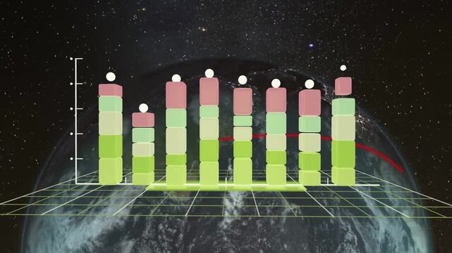 Bright bar appearing sparking grid dropping, 3D stacked bars rising across, red arc tracing data