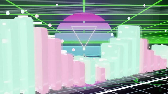 Mint and pink bars entering from right, aligning and pulsing to form equalizer before sun
