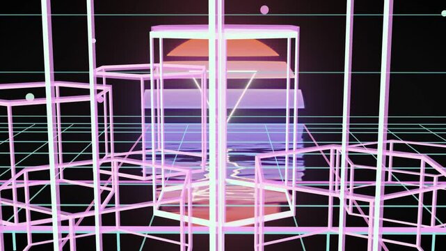 Grid plane receding to banded sun, pink cages sliding, column rising, forming tower framing sun