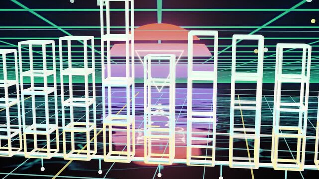 White wireframe columns rising after sun pulsing, forming aligned band reflecting in rippling water