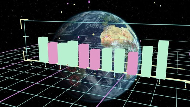 First mint column rising, pastel columns assembling bar chart, Earth rotating, showing global data