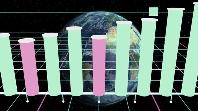 Neon grid activating mint and pink cylinders rising and varying, visualizing data behind Earth