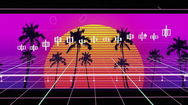 Striped sun emitting scan lines, driving 3D grid extending and HUD glyphs forming synthwave scene