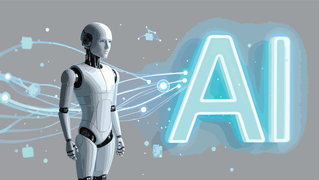 Detailed humanoid robot stands beside a glowing ai symbol with connected digital nodes and lines on a grey background.